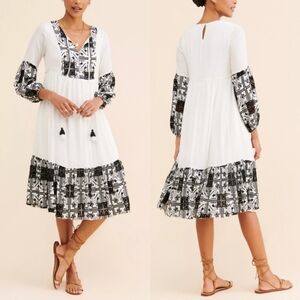 Anthropologie TFL-Life White Embroidered Long Sleeve Flounce Midi Dress, Size XS